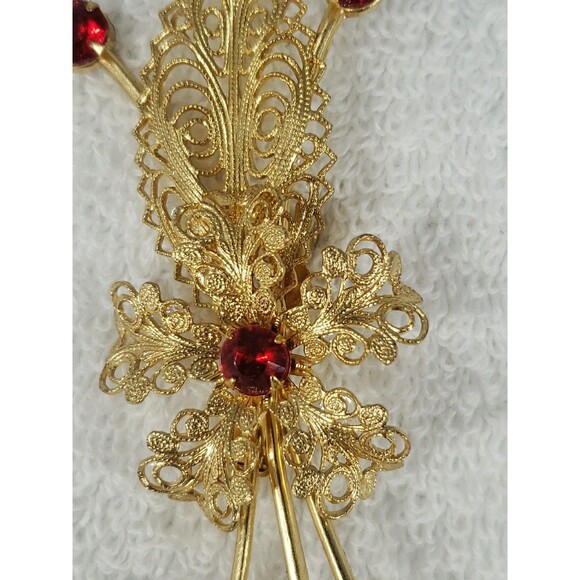 Vintage Gold Filigree Flower Pin Brooch Red Faux Ruby Stones Beautiful 3.5" - Picture 3 of 14